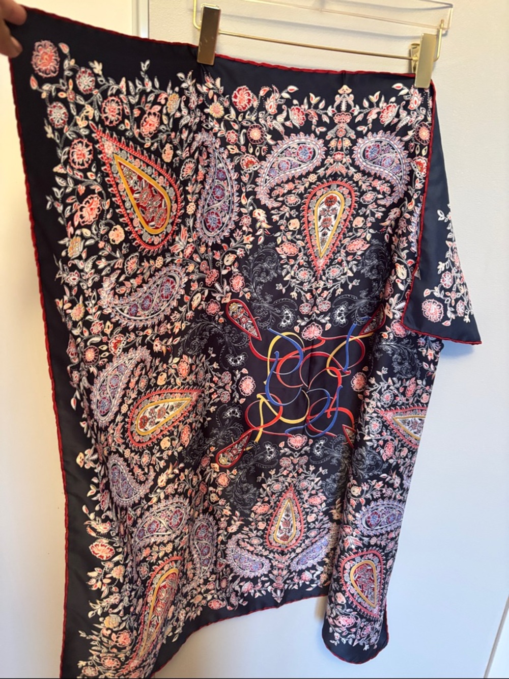 Navy Paisley Silk-Feel Scarf with Pink and Gold Accents - Women's Wrap